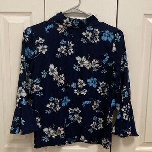Floral pattern print collared blouse flounce sleeve long top shirt